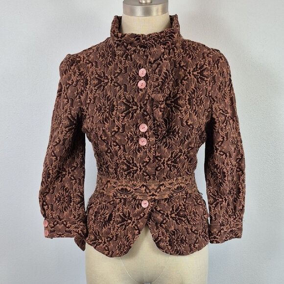 Vintage 90s Y APPAREL Women's Jacket Self Belt Standup Ruffle Collar Brown Small - Picture 2 of 15